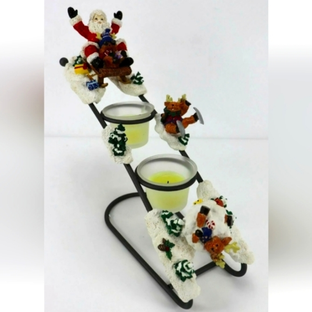 Vintage Sledding Santa Candle Holders Christmas Decor with Cute Reindeers 10x14"